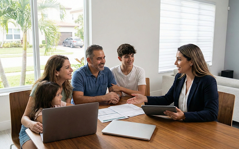 Familia en Doral recibiendo asesoría financiera en su hogar